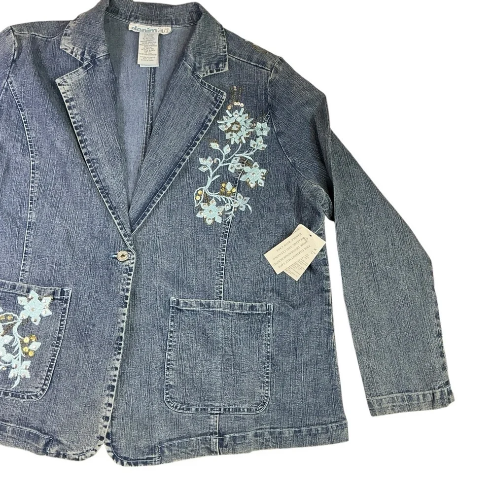 Denim 24/7 Blue Jean Jacket Blazer Long Sleeve with Embroidered Floral Design - Picture 11 of 16